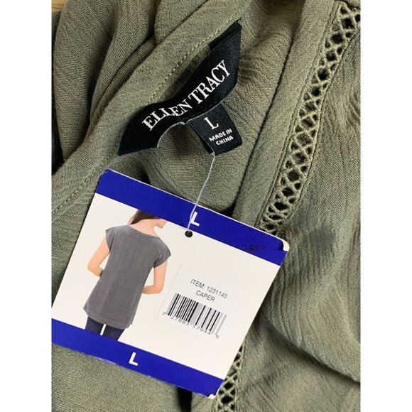 Ellen Tracy Top Size Large Green Caper V-Neck Ruffle Crochet Pullover Women New - Picture 4 of 5